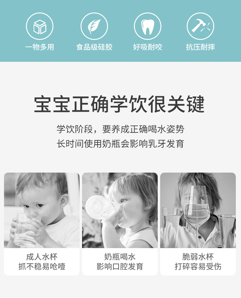 食品级硅胶幼儿奶嘴杯鸭嘴吸吸杯婴儿学饮杯防摔防漏双耳硅胶水杯详情2