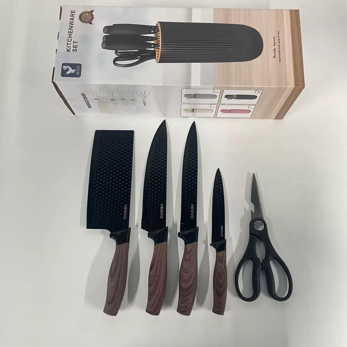 厨房不锈钢刀具套装肥仔柄披覆六件套六角钻石纹彩色礼品盒装刀具详情10