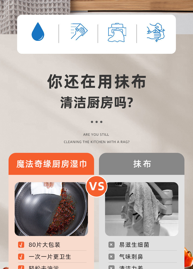 厨房湿巾强力去油污加大加厚一次性厨房专用80抽超大包清洁湿纸巾详情1