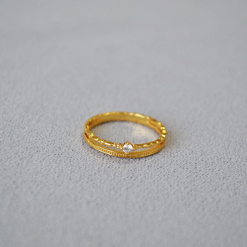 日系小众轻奢复古简约双层线条锆石闪钻黄铜镀金叠戴细戒指食指戒详情8
