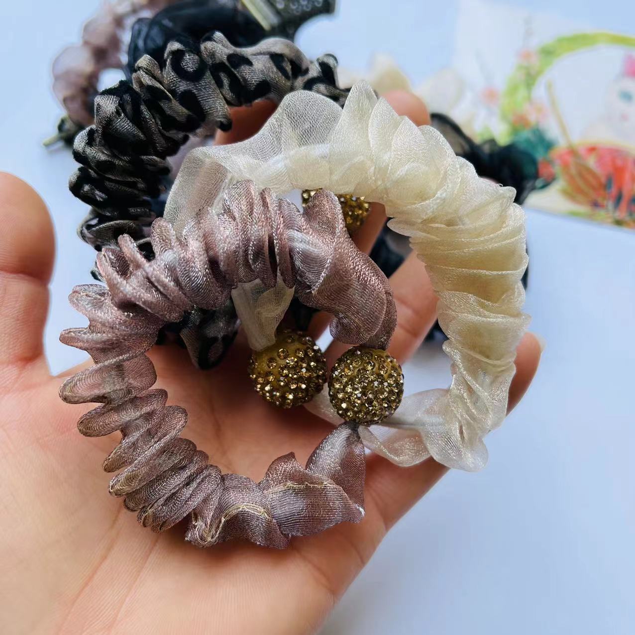 No. 107 5-yarn diamond ball 100 per bundle, a popular new and internet-famous hair tie, silk yarn diamond ball small intestine hair band, hair tie, bun hair decoration for girls pic 2