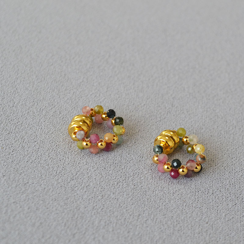 日韩小众设计手工编织彩色碧玺串珠磁吸扣甜美耳环耳饰无需耳洞详情1