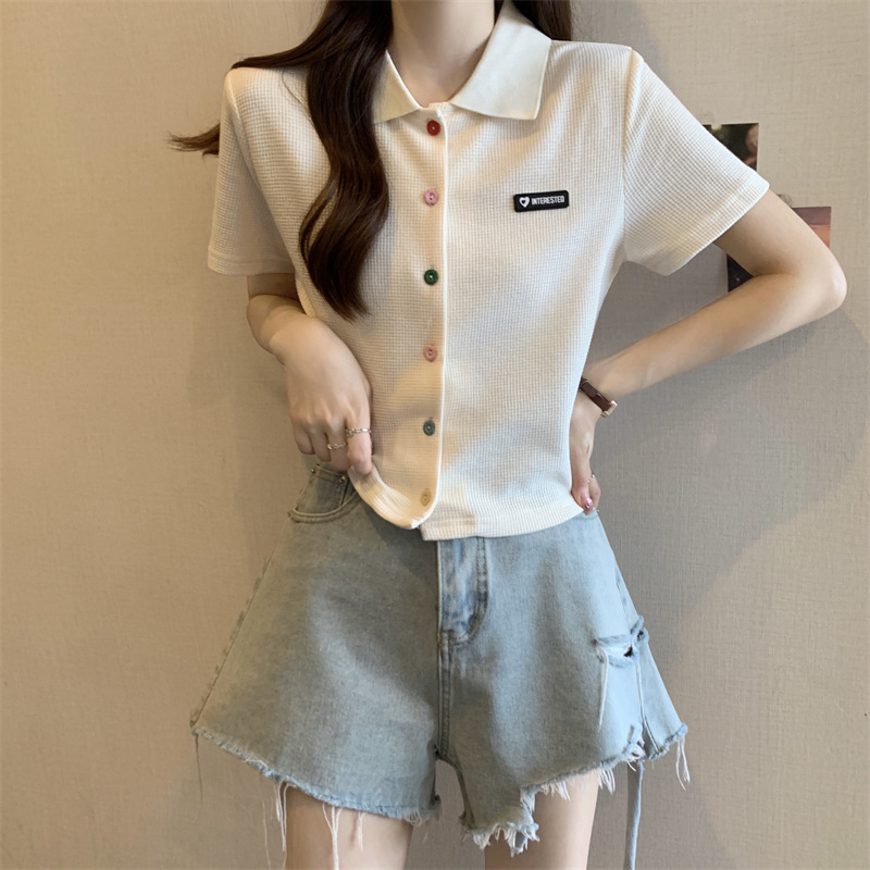 夏季大码胖mm学院风减龄彩色扣polo领正肩黑色短袖T恤女小衫上衣详情9