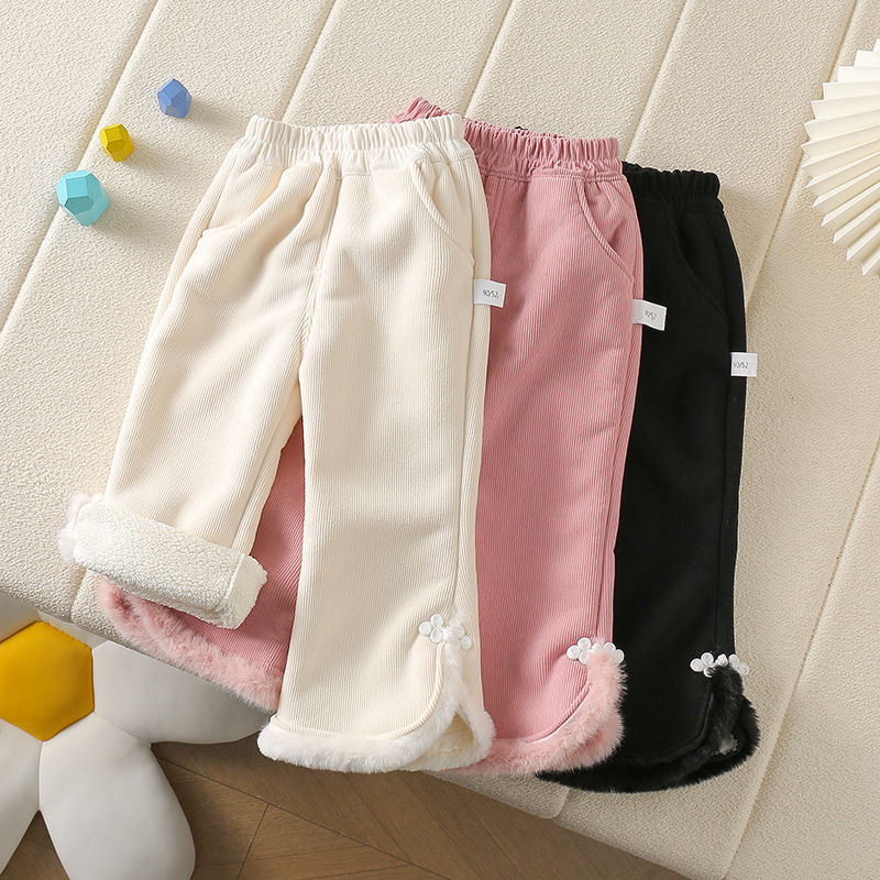 冬季女宝宝加绒加厚儿童洋气休闲保暖裤复合绒侧开喇叭裤外穿详情1