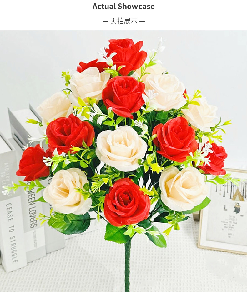 单枝18头双色玫瑰蕾仿真花假花玫瑰花装饰绢花布花房间装饰花艺详情13
