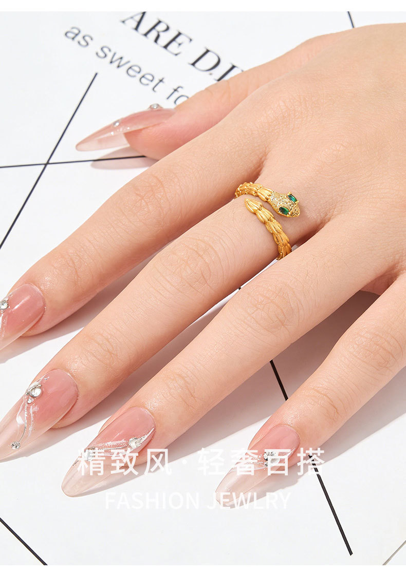 A niche high-end gold brushed snake opening ring, copper alloy, real gold electroplated with zircon, adjustable ring pic 11