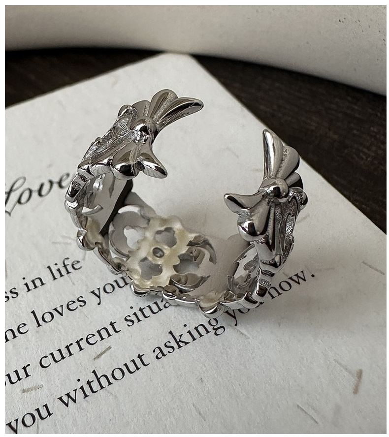 S925 pure silver, a niche and light luxury white gold warbler tail flower ring, a fashionable, simple and classic silver ring jewelry wholesale pic 4