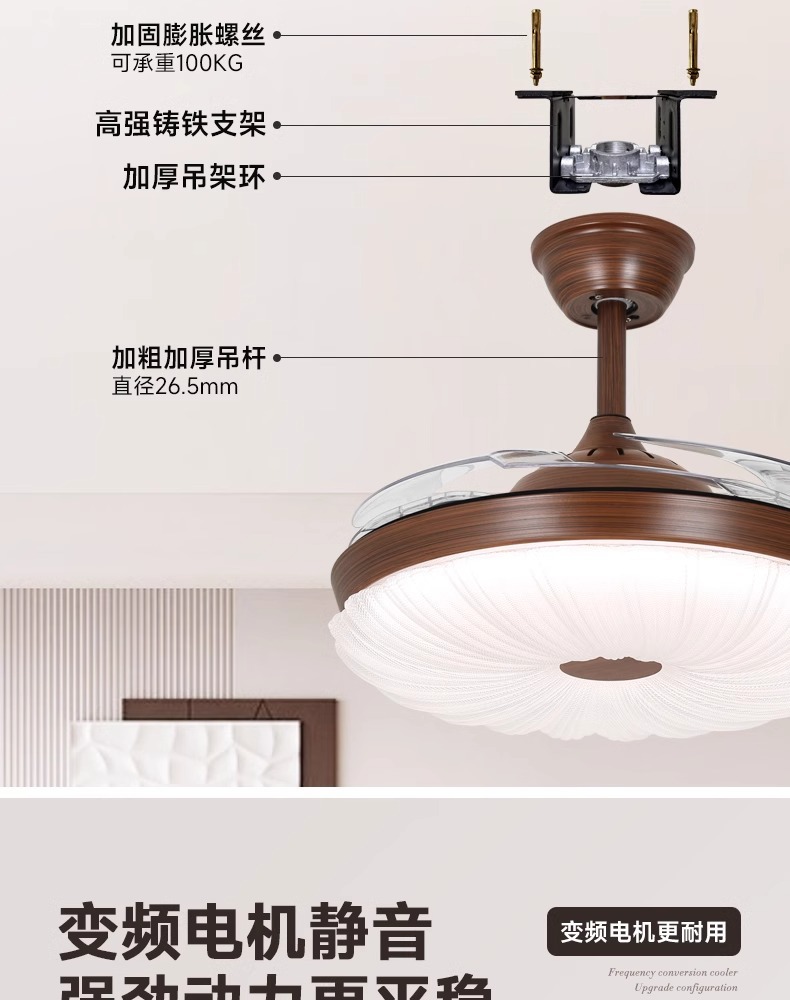 全光谱新中古风扇灯客厅餐厅卧室复古胡桃木色隐形电护眼吊扇灯详情6