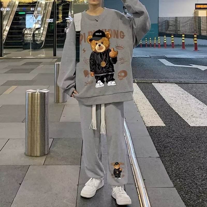 华夫格套装男春秋季休闲宽松大码运动裤子ins潮流卫衣卫裤两件套详情5
