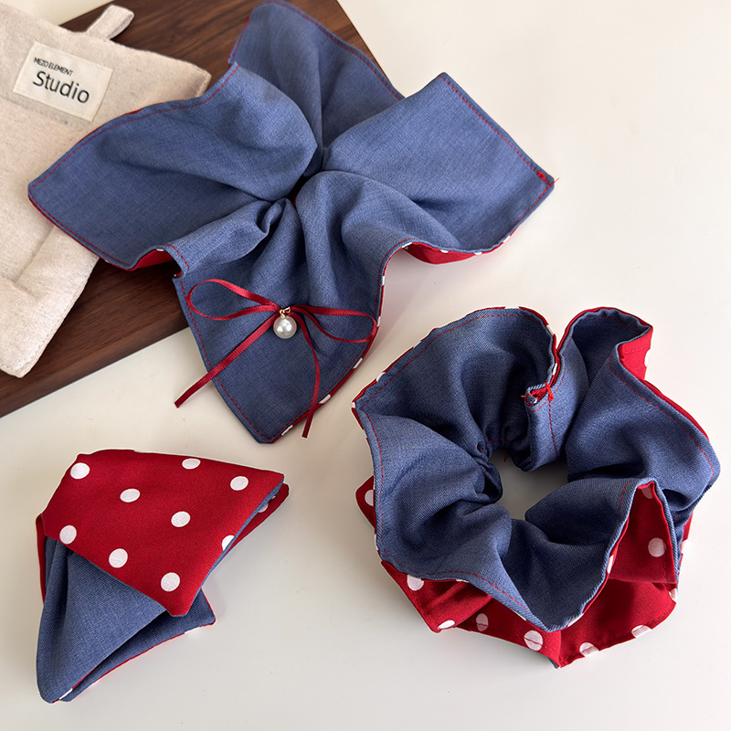 Fairy-tale-like red and blue contrasting hair bands, denim blue and red polka dot double-sided hair accessories, sweet and niche school-style hair accessories pic 4