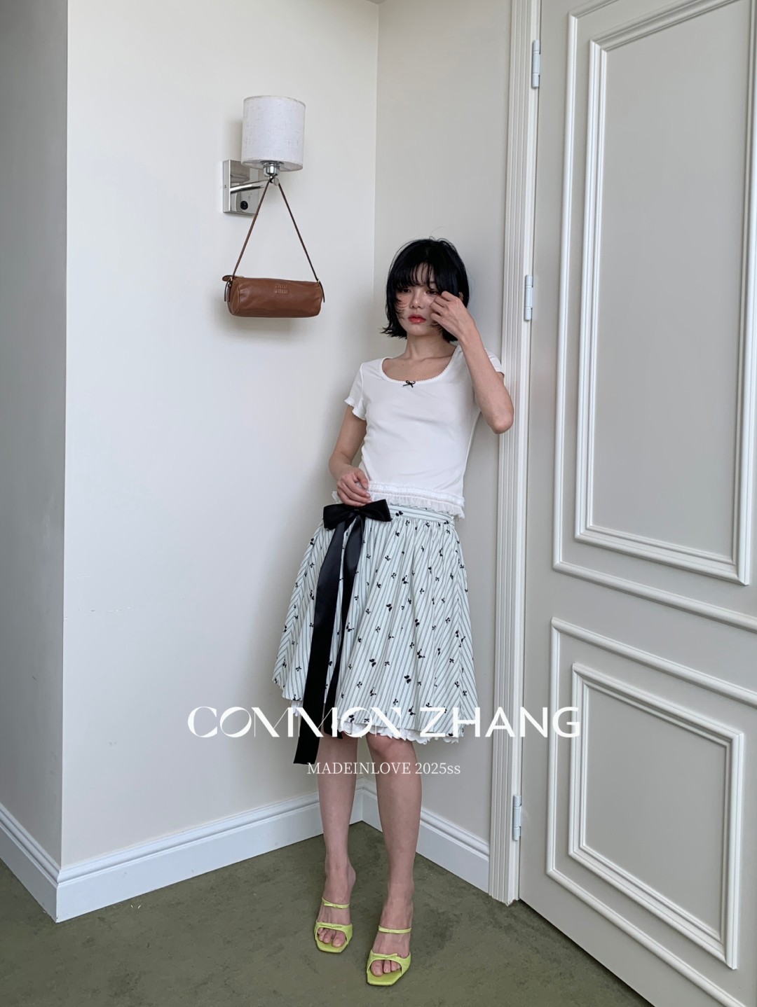 CZ ZHANG夏季韩版少女感减龄蝴蝶结拼接U领纯色天丝短袖T恤B20757详情22