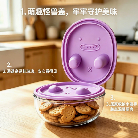 Cute monster lid portable snack box, silicone sealed glass bowl, adorable children's storage ornament pic 3