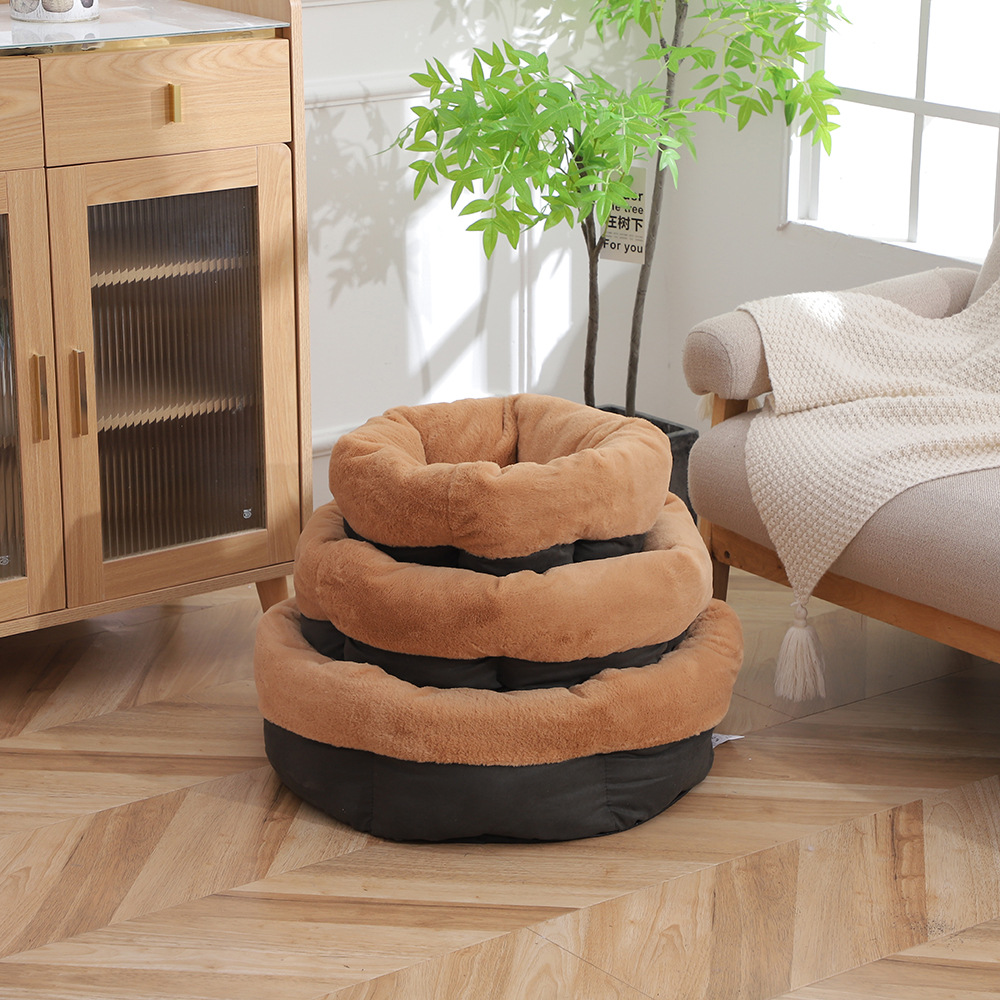 Winter fleece thickened pet sleeping beds, thickened rabbit fur turned out, pet round beds, thickened anti-slip bottom dog beds wholesale pic 8
