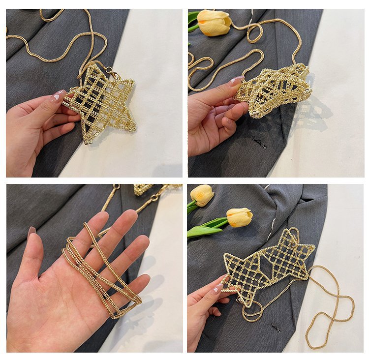 跨境2024夏新款小香风镂空金属星星包晚宴包单肩斜挎气质链条女包详情13