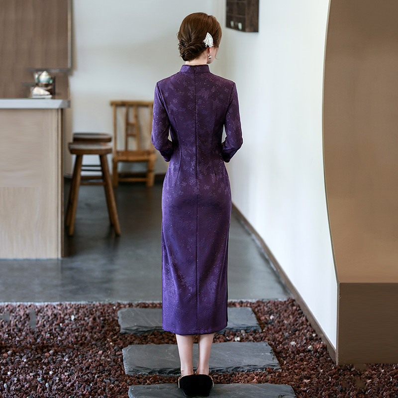 国潮紫色妈妈装国风新中式长款秋季长袖改良旗袍女高级感复古收腰秋冬详情8