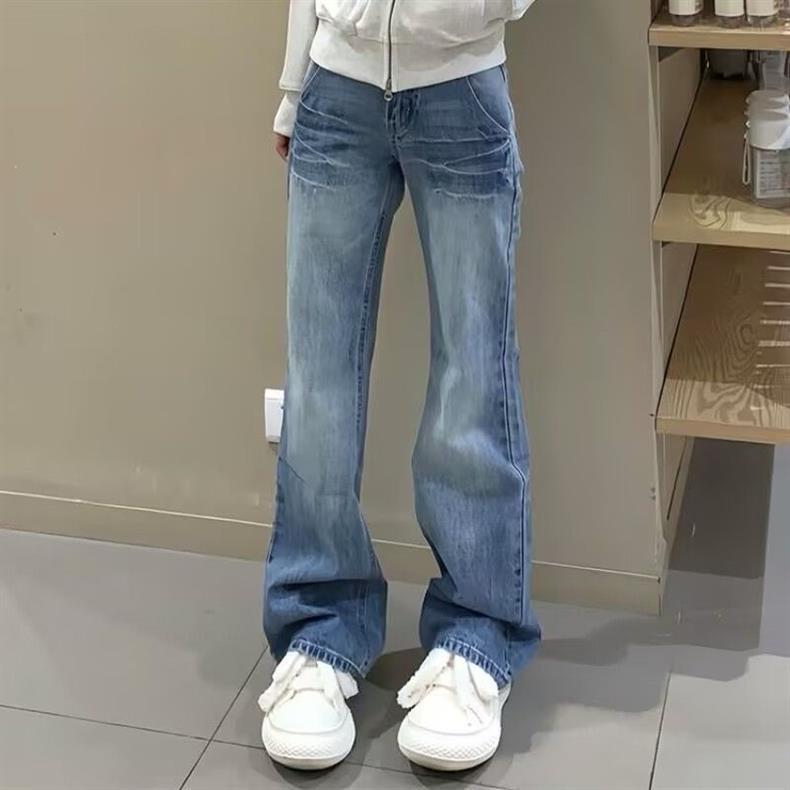 Retro American design style jeans for women, flared straight leg, new loose and slimming skinny skinny floor-length pants for chubby girls pic 4