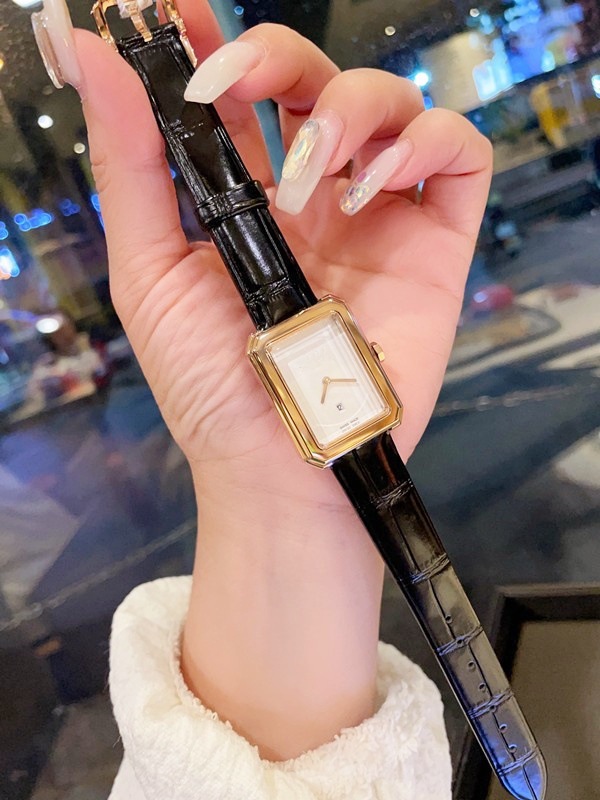 跨境中古小香风腕表两针方形女表编织绳表带黑金方糖手表女陶瓷女详情4