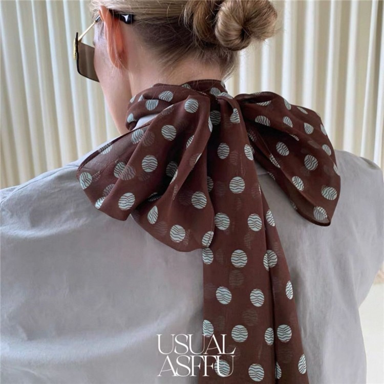 Brown polka dot silk scarf print, a high-end and versatile accessory for women, a 2025 new style hair band long scarf for tying hair pic 5