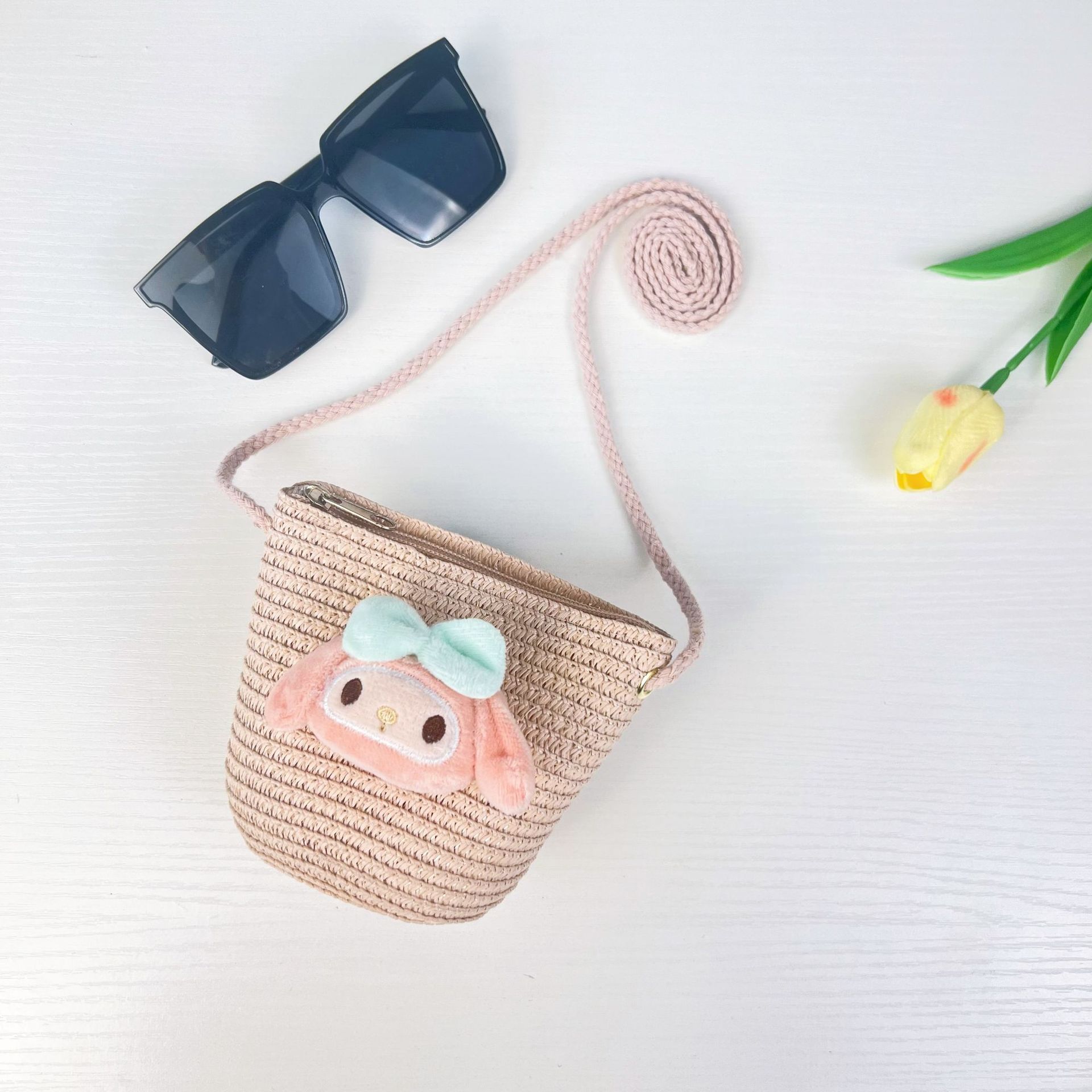 儿童手工编织包包可爱卡通猫草编小包男女童小圆包宝宝零钱包批发详情6