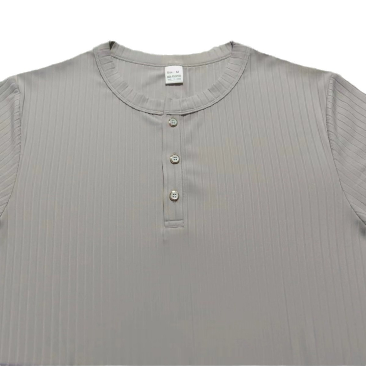 Temu跨境速卖通2025新款男士短袖上衣坑条V领修身短袖亨利T恤衫夏详情17