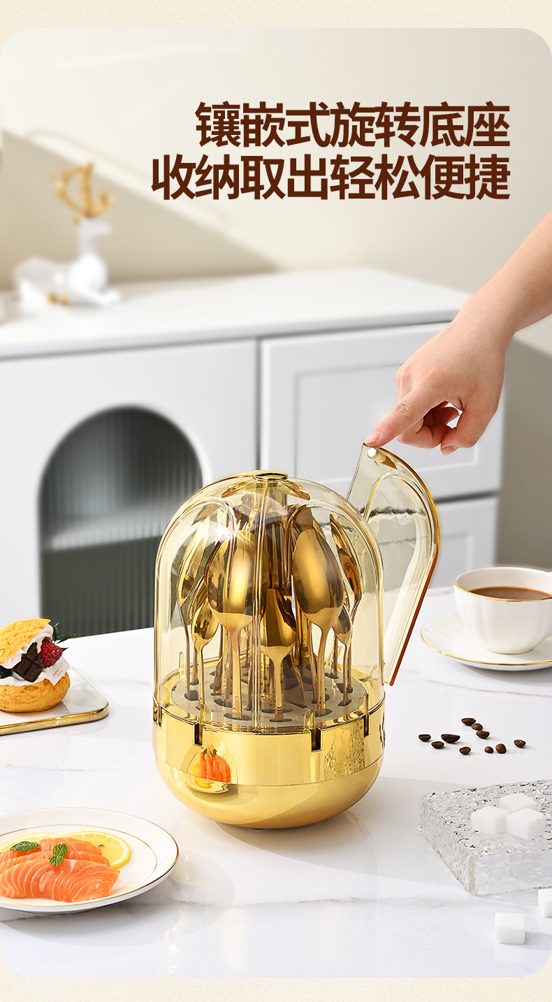 Cross-border Mood egg stainless steel Western cuisine knife, fork and spoon tableware 24-piece set, rotatable golden egg set tableware storage rack pic 5