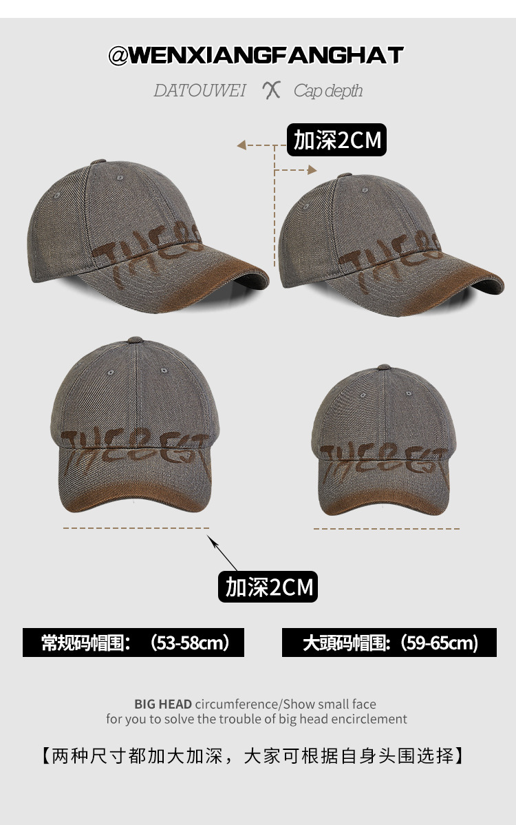 American retro letter grey baseball cap for women, wide brim, big face to show off, small baseball cap, versatile, big head circumference hat, clothing accessories pic 3