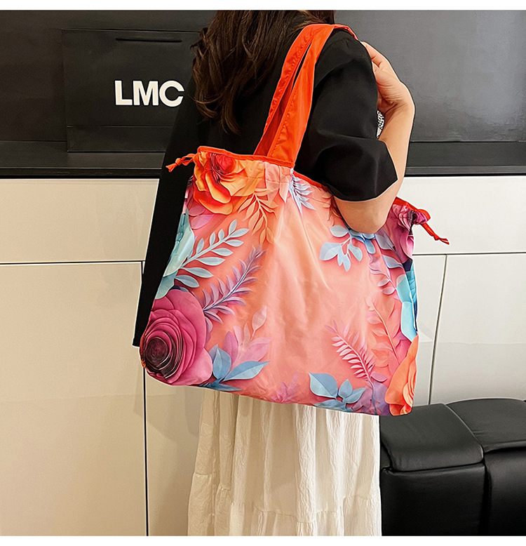 大容量花朵印花单肩包防水购物袋尼龙外出托特包时尚复古手提包详情10