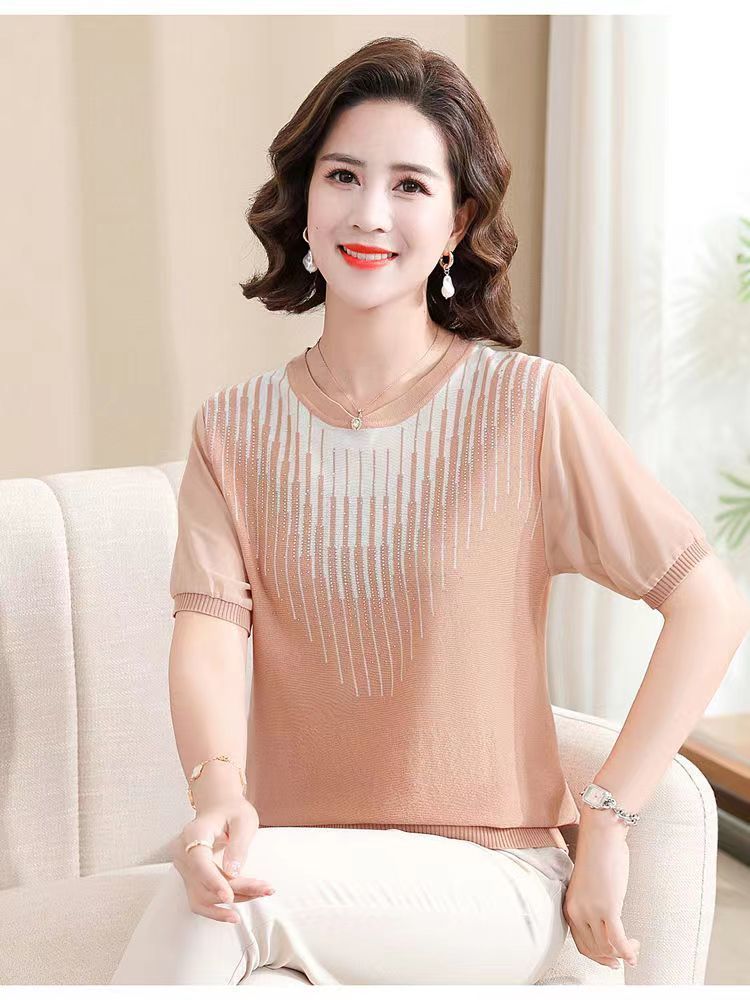 妈妈夏装短袖针织翻领T恤中老年女装冰丝上衣遮肚子薄款小衫套装详情34