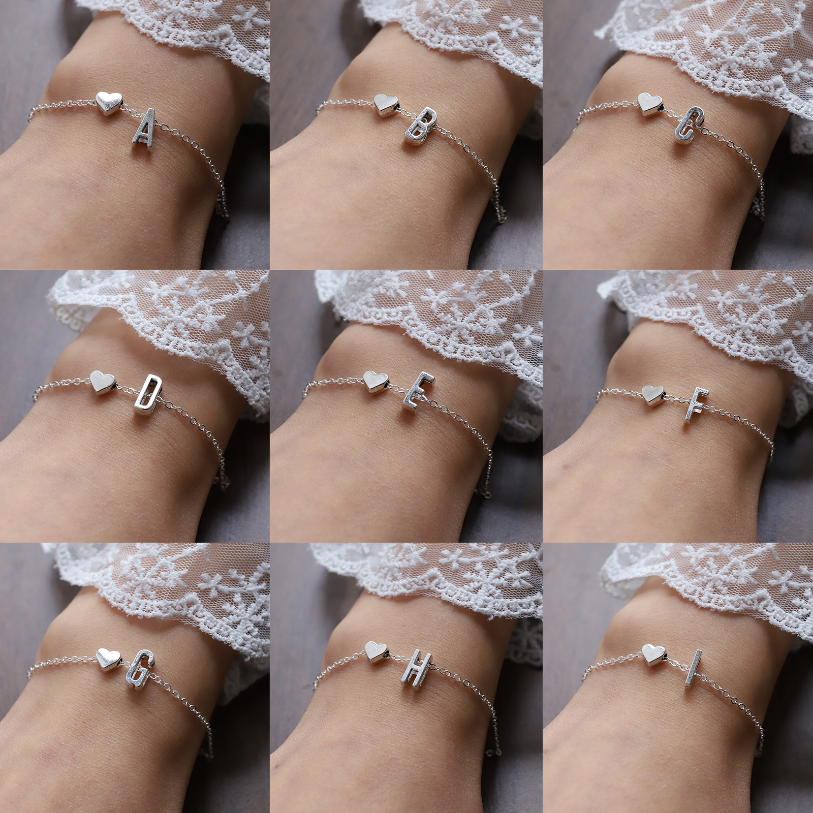 欧美跨境26个英文字母手链女个性气质合金心形字母手环手镯批发详情6