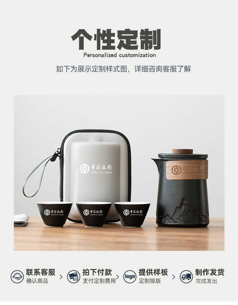 White porcelain portable outdoor travel tea set, one pot with six cups, household quick customer cups, company business gift printing pic 1