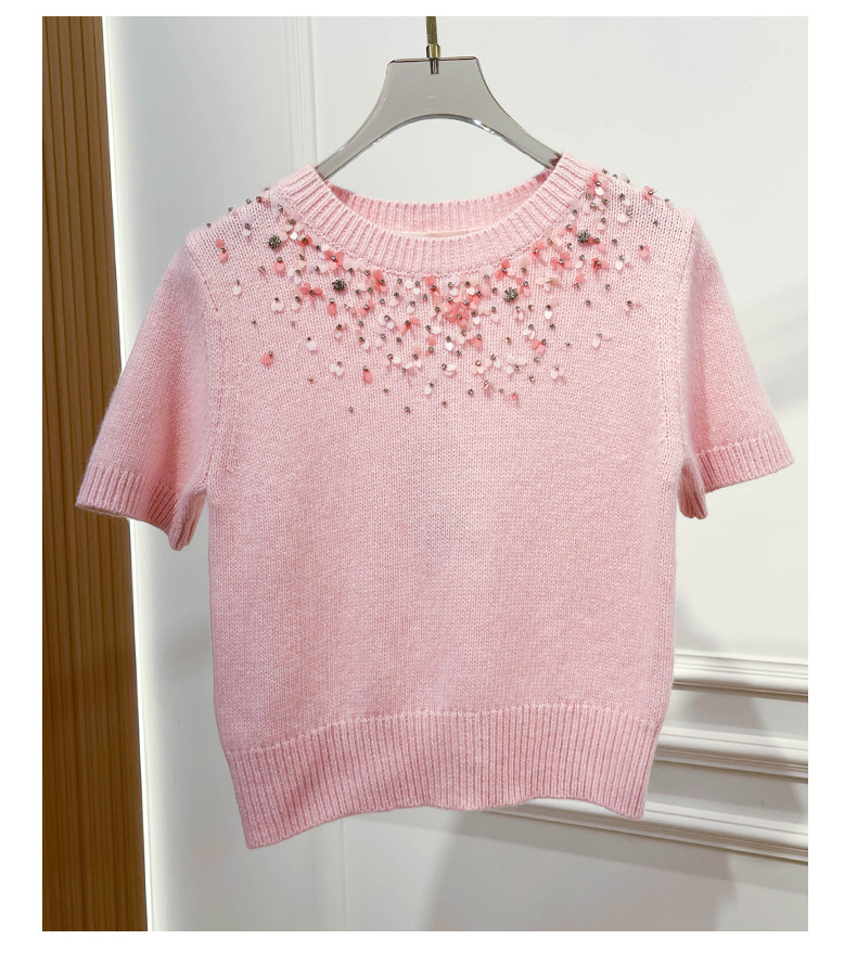 The 2025 autumn new heavy industry sequined short-sleeved casual knitted sweater for petite women has a unique design sense and a slimming top for women pic 6