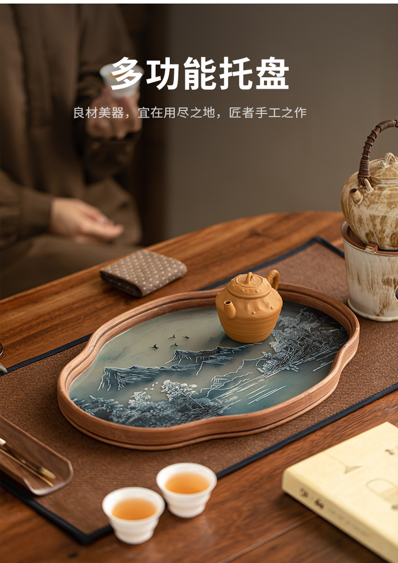 国潮山水玻璃托盘壶承茶盘家用新中式复古山水水墨风海棠花型详情4