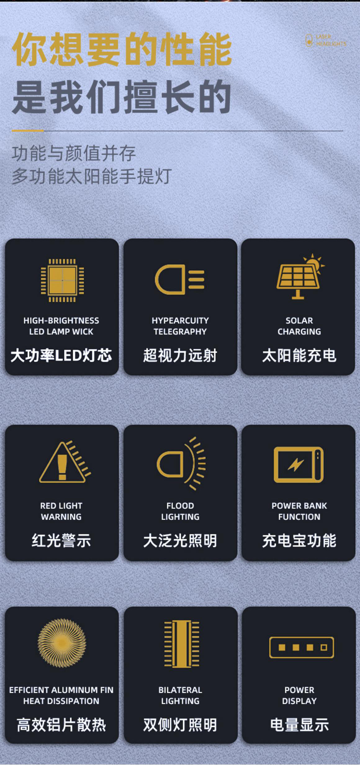 Cross-border multi-functional solar-powered charging high-intensity portable lamp, household outdoor camping red light warning emergency searchlight pic 2