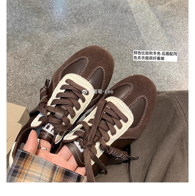 葡萄妈同款系带拼色圆头百搭舒适休闲真皮板鞋增高德训鞋女小白鞋详情6