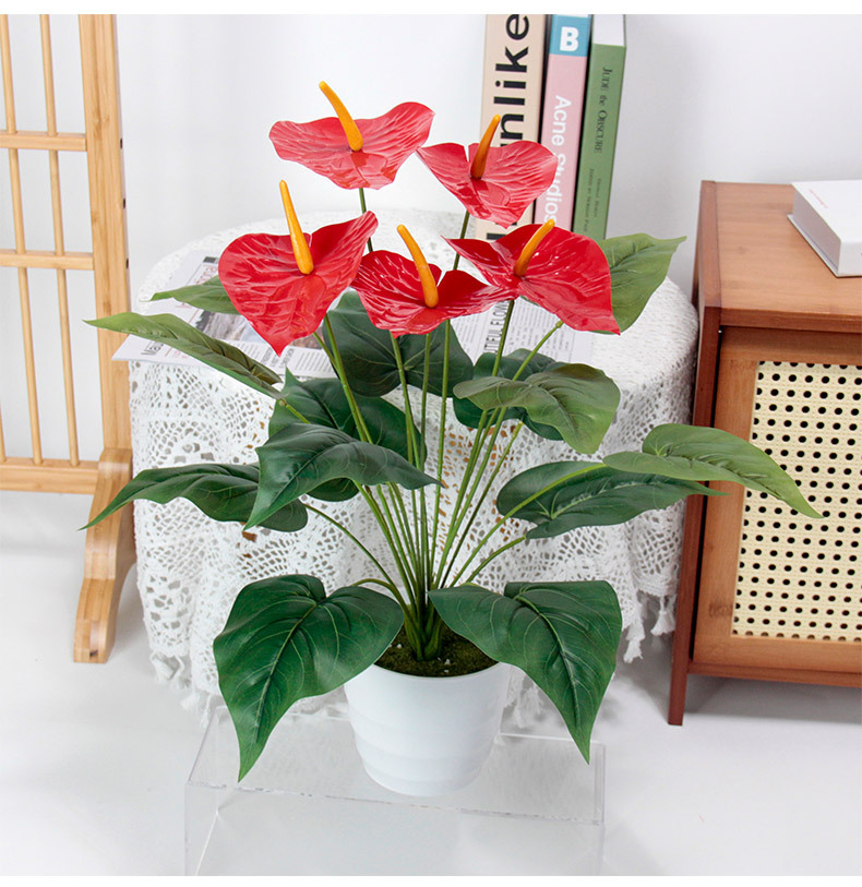 Finished handcrafted red artificial flower anthurium decoration, wedding spring plants, kalanchoe potted artificial green plants, office culture pic 4