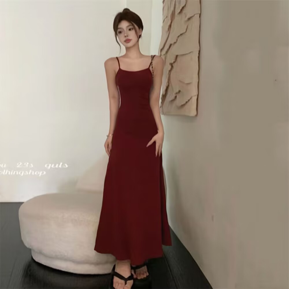 2025夏季辣妹弹力吊带连衣裙子女无袖露肩收腰显瘦一字肩打底长裙详情8