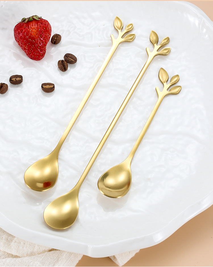 不锈钢树叶勺子创意水果叉欧式金树叶勺小咖啡勺搅拌勺甜品勺礼品详情14