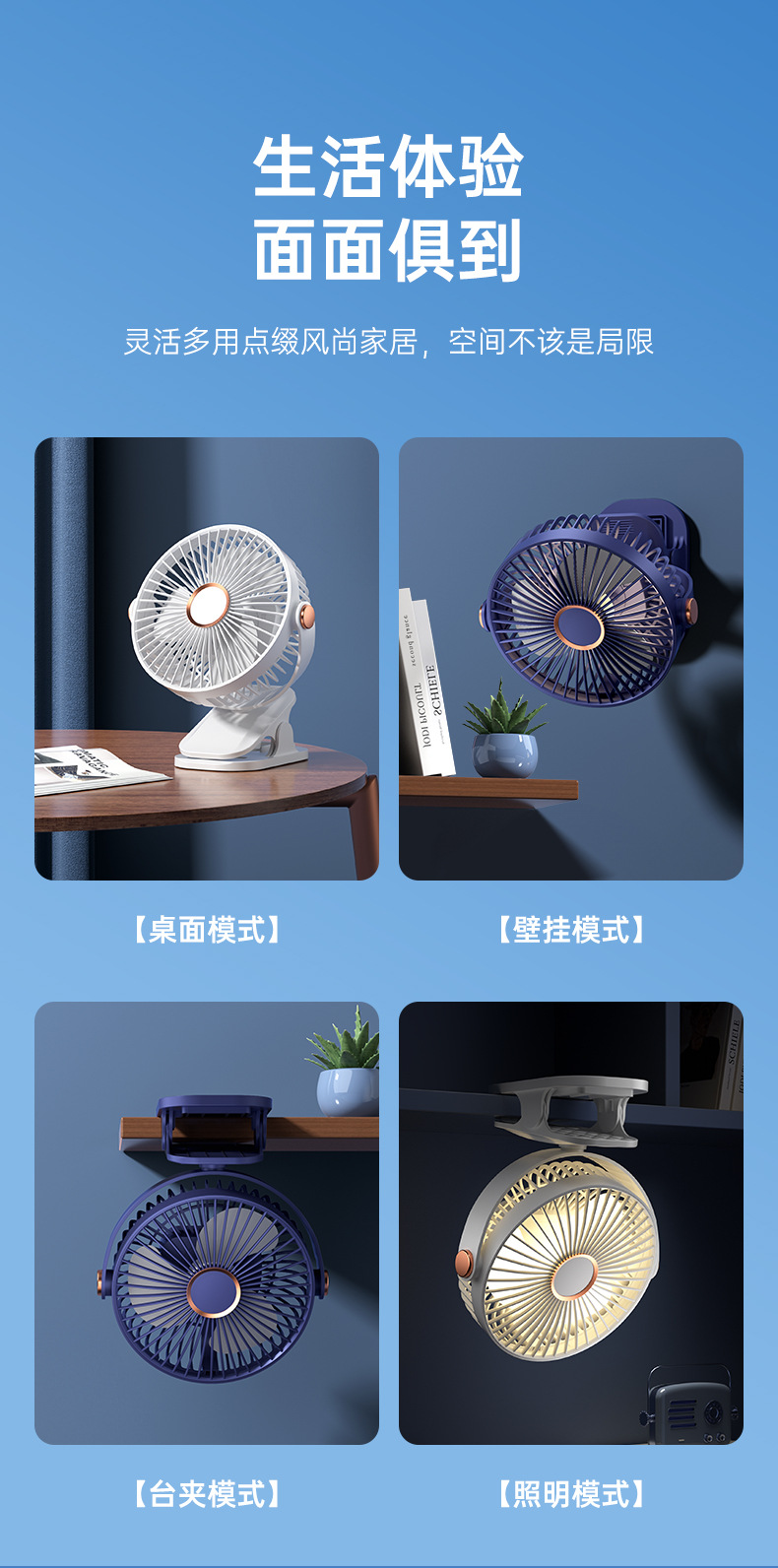 New desktop clip-on fan, usb charging night light circulation fan, high wind force desktop fan, portable wall-mounted electric fan pic 23