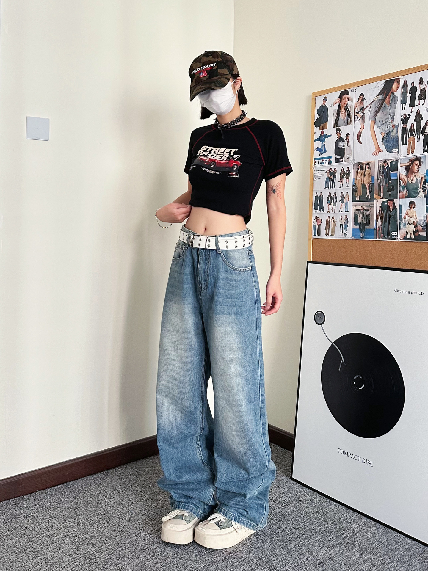 carmour|韩版复古中腰牛仔裤男女浅蓝色水洗设计感宽松直筒阔腿裤详情9