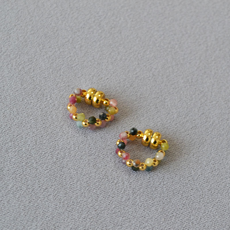 日韩小众设计手工编织彩色碧玺串珠磁吸扣甜美耳环耳饰无需耳洞详情2