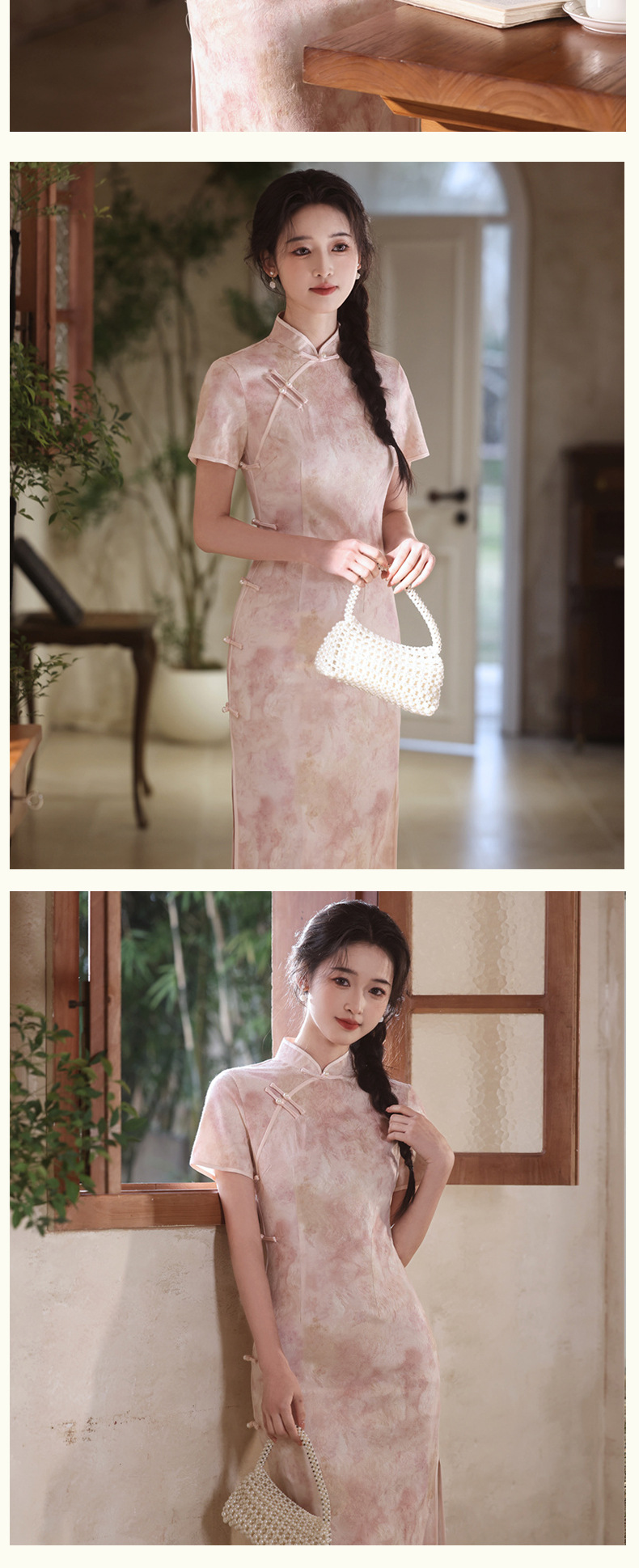New Spring/Summer 2025 cheongsam, pink silver bead satin short-sleeved long cheongsam, improved new Chinese-style cheongsam pic 6