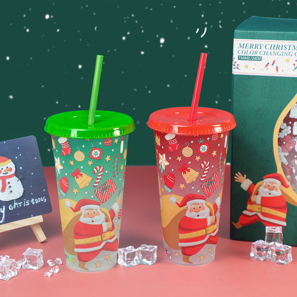 跨境现货圣诞节新款圣诞老人遇冷变色杯 两件套带吸管变色塑料杯详情8