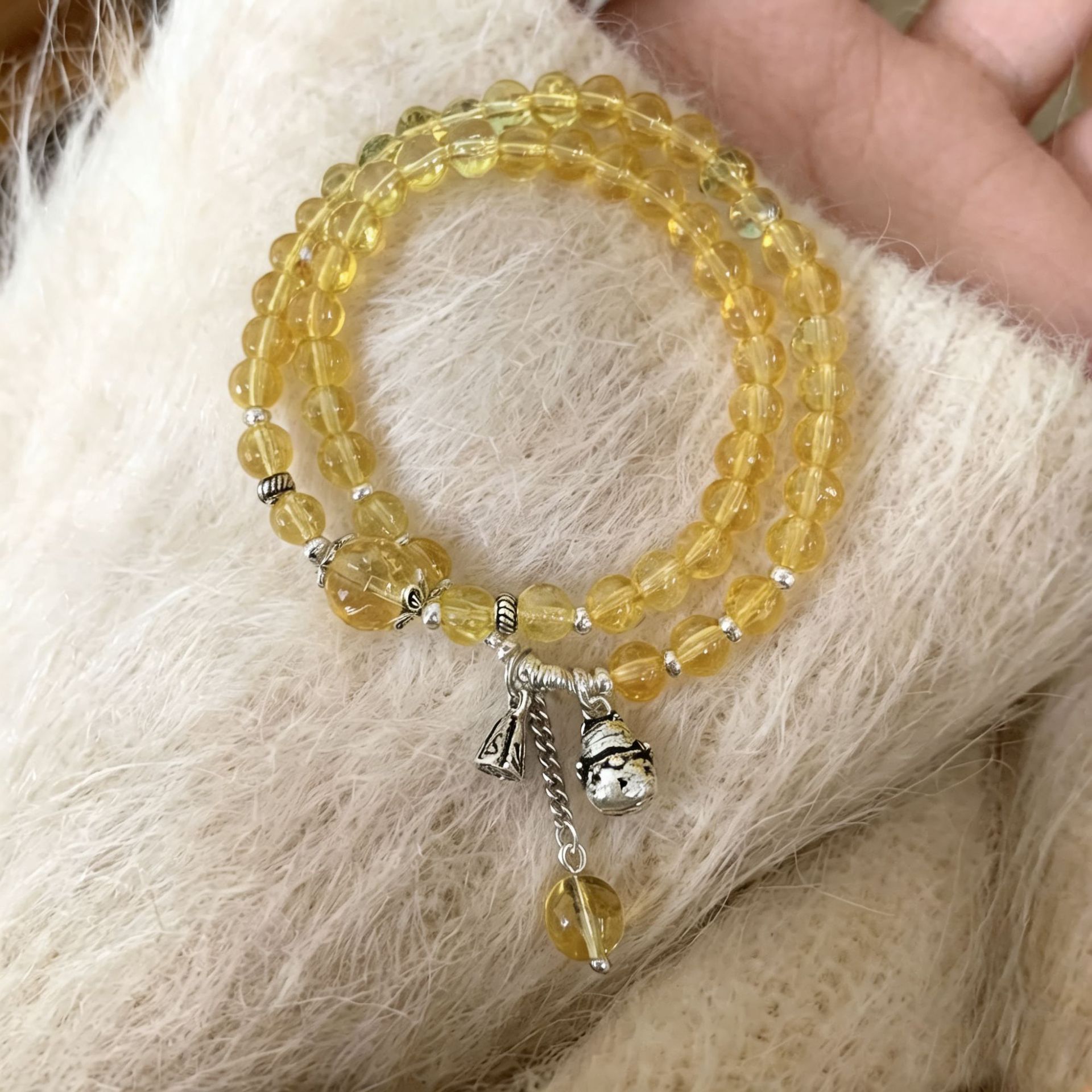 S925 sterling silver yellow crystal retro Maneki Neko double-loop bracelet for women, an Instagram niche design for attracting wealth pic 1