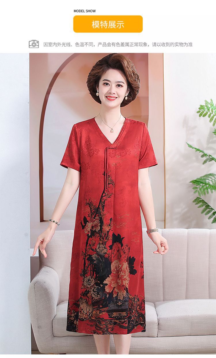 Mom 2024 New Chinese-style faux silk summer New printed dress, a loose and stylish mid-length dress for middle-aged and elderly people pic 7