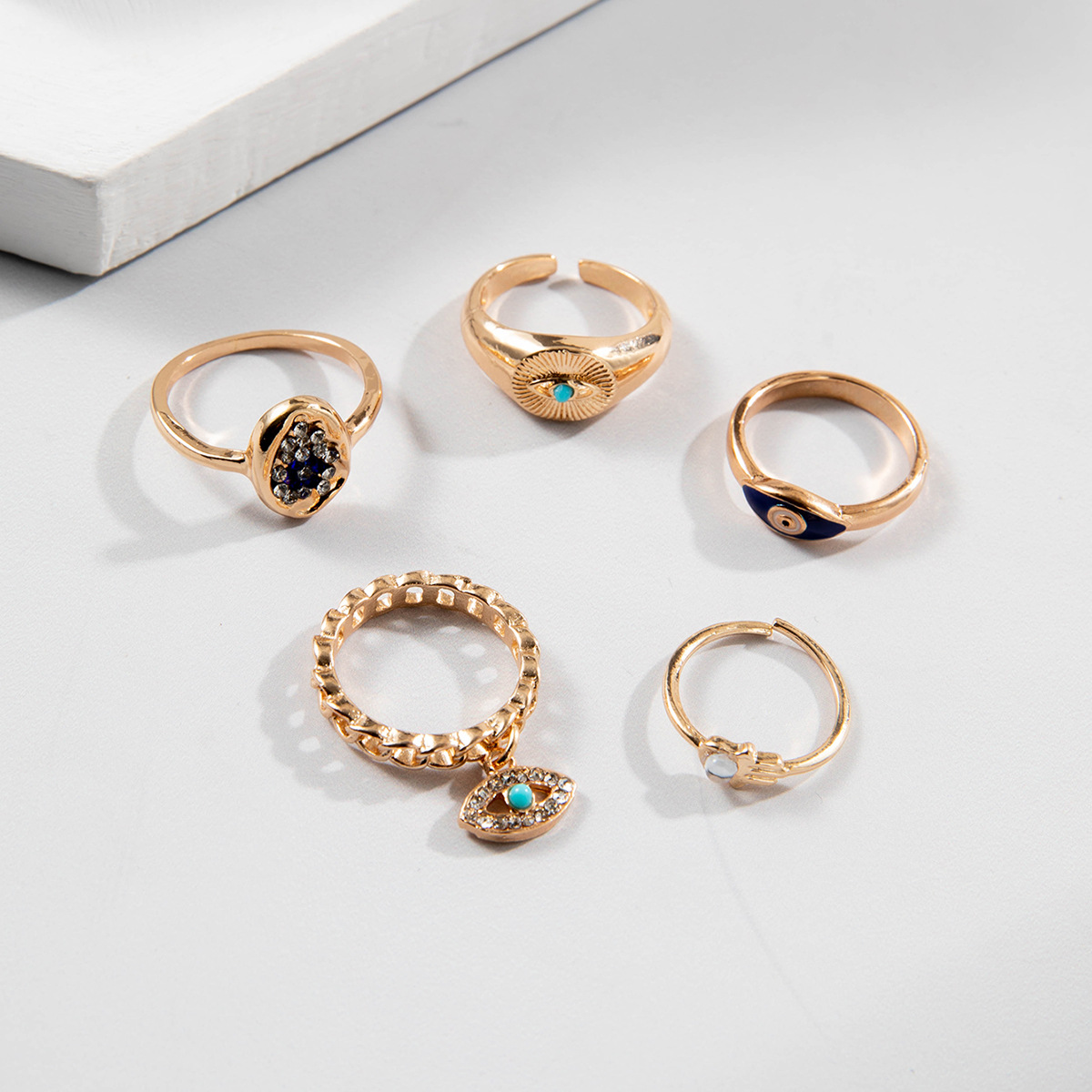 欧美跨境复古金属仿祖母绿镶钻戒指套装设计感爱心蛇形戒指套装女详情18