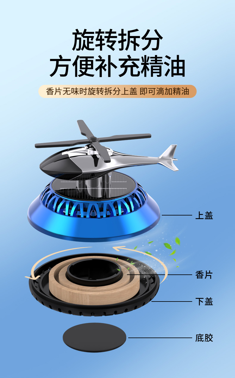 Solar-powered car aircraft aromatherapy ornaments, helicopter car dashboard perfume holders, light-sensing rotating interior accessories pic 6