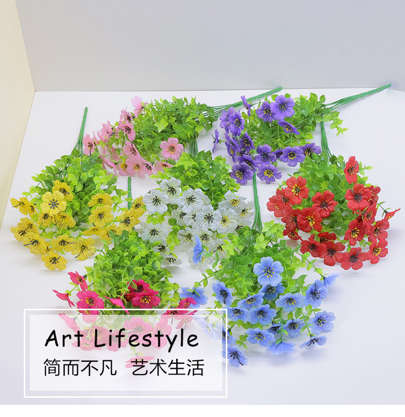 跨境批发7叉尤加利紫罗兰仿真花小雏菊梅花布艺花束室外装饰植物办公文化仿真园艺玫瑰详情1