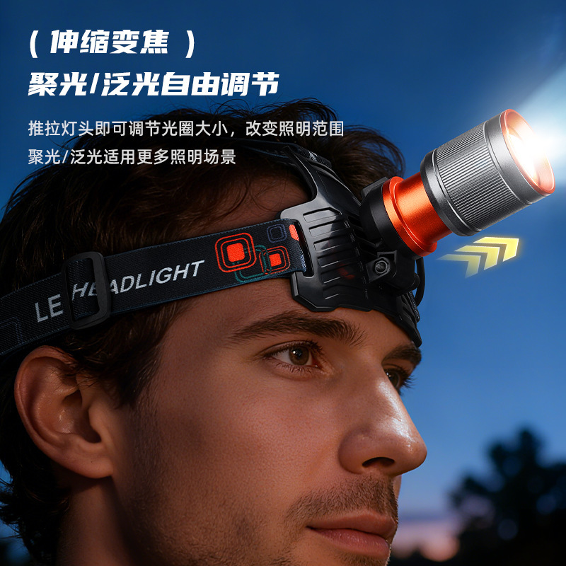 跨境新款户外充电露营登山应急灯夜钓灯拉伸变焦警示灯强光头灯详情22
