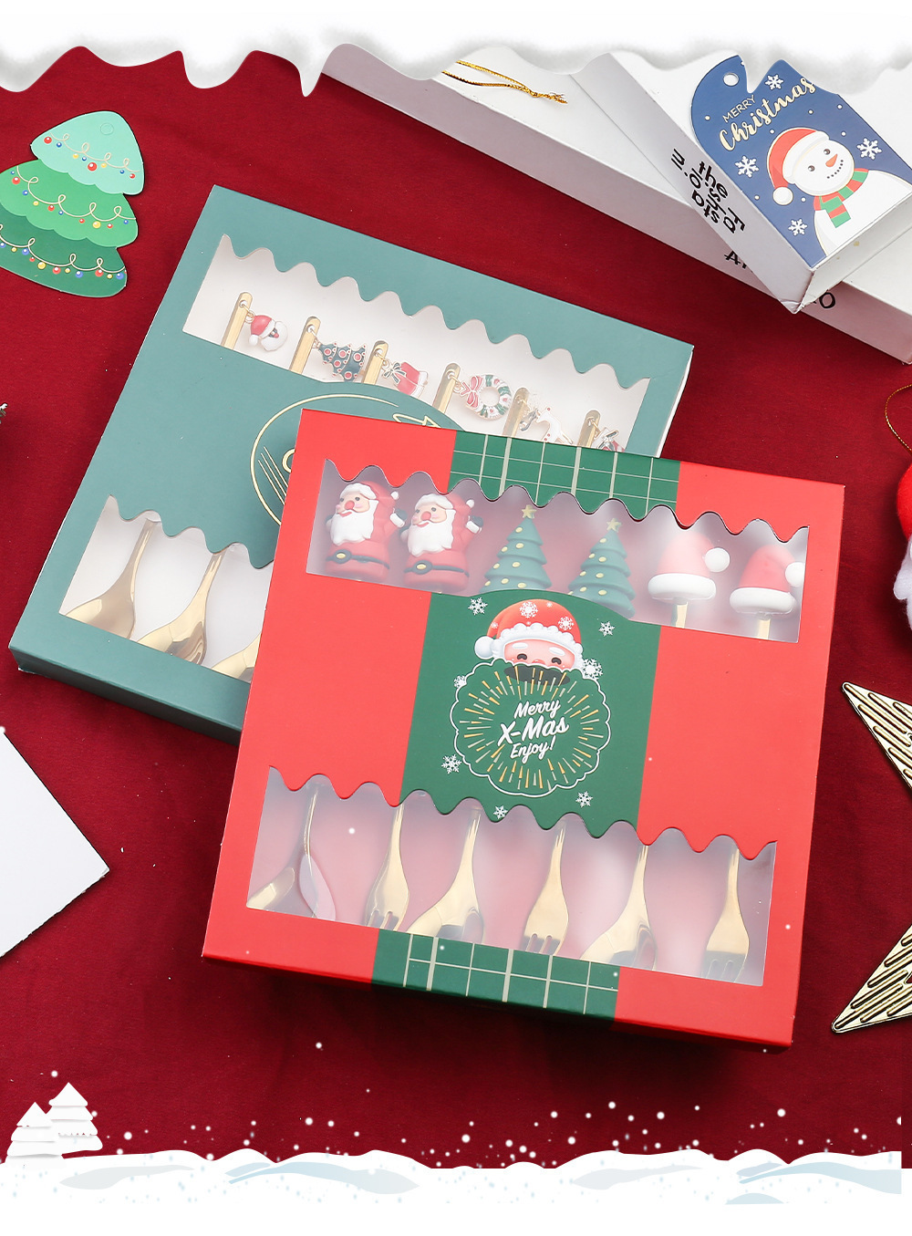 不锈钢水果叉勺圣诞礼物卡通萌趣圣诞树甜品蛋糕勺叉创意餐具套装详情8