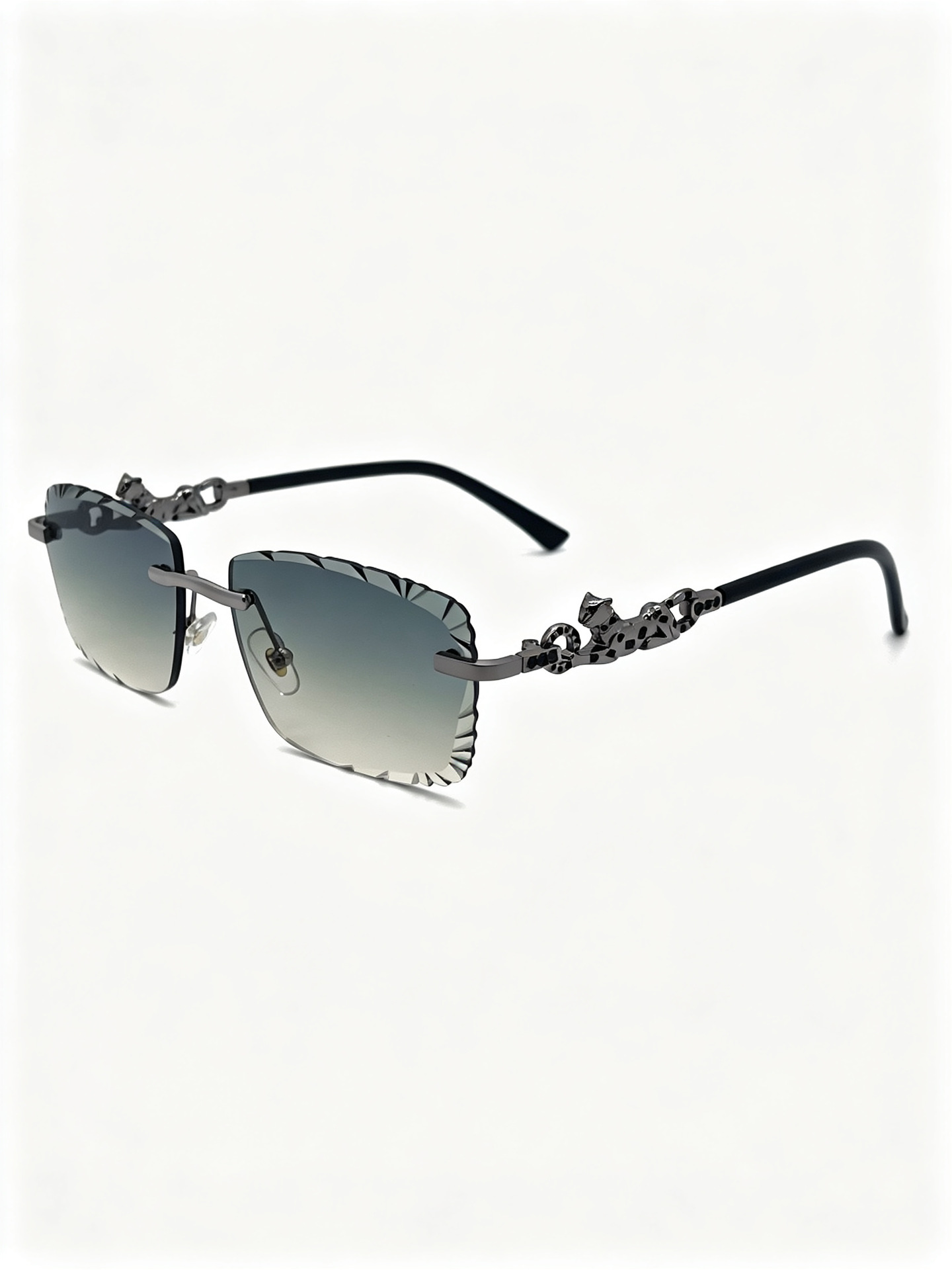New cross-border unisex frameless sunglasses with rectangular leopard head decoration, retro street style glasses and UV-resistant sunglasses pic 5